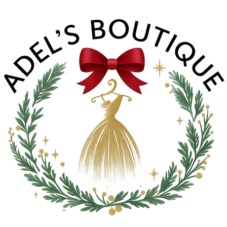 Ein Logo für Adel's Boutique zeigt ein goldenes Kleid mit einer roten Schleife, umgeben von einem Kranz aus grünen Blättern und goldenen Sternen.