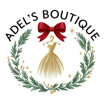 Ein Logo für Adel's Boutique zeigt ein goldenes Kleid mit einer roten Schleife, umgeben von einem Kranz aus grünen Blättern und goldenen Sternen.
