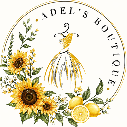 Adels Boutique Logo mit einem gelben Kleid, Sonnenblumen und Zitronen auf weißem Hintergrund.