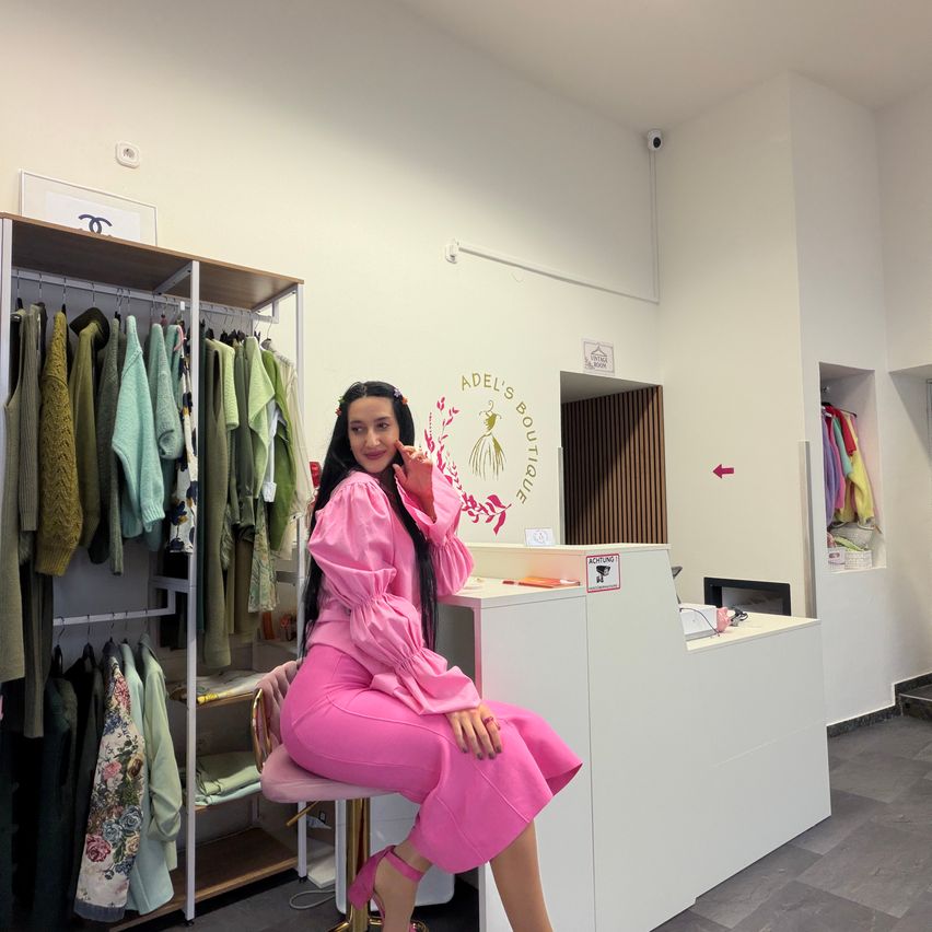 Eine Frau in einem rosa Outfit sitzt auf einem Stuhl in einem Bekleidungsgeschäft. Hinter ihr befindet sich ein Kleiderständer und ein Schild, das Adel's Boutique besagt.