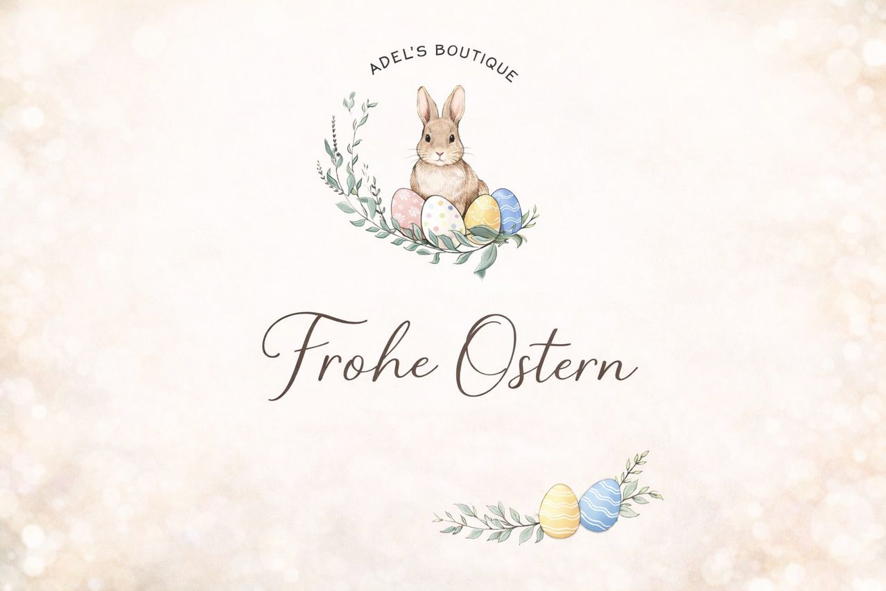 Adel's Boutique Logo mit einem Hasen, der unter farbigen Ostereiern sitzt, umgeben von Blättern und Blumen, mit dem Text 'Frohes Ostern' darunter.