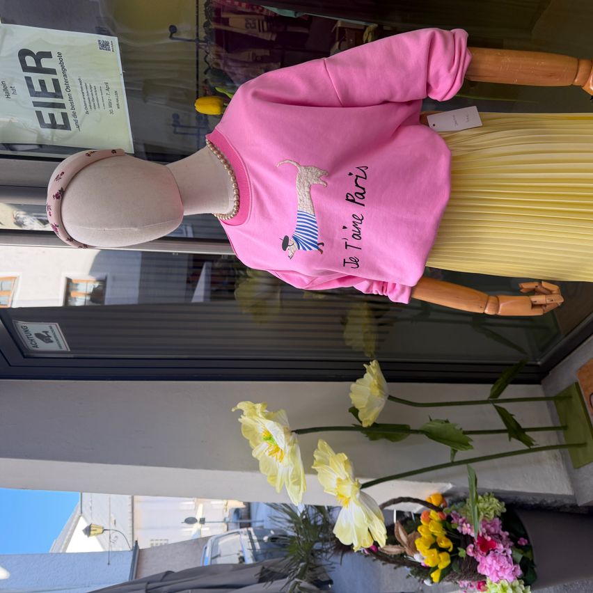 Eine Puppe trägt ein rosa Shirt mit den Worten 'Je T'aime Paris' und einen gelben Rock vor einem Glasfenster. Im Vordergrund stehen Blumen in einem Topf.