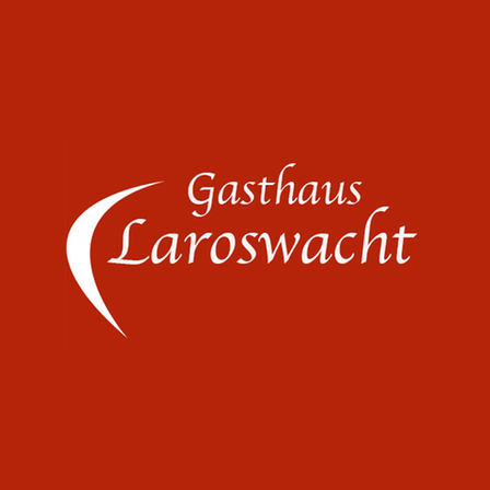 Ein roter Hintergrund zeigt das Logo des Gasthauses Laroswacht. Das Logo besteht aus einer weißen, geschwungenen Linie mit dem Text 'Gasthaus Laroswacht' in weiß.