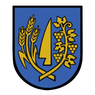 Das Bild zeigt ein schildförmiges Emblem mit blauem Hintergrund. Es enthält Weizenähren und ein goldenes Blattdesign.