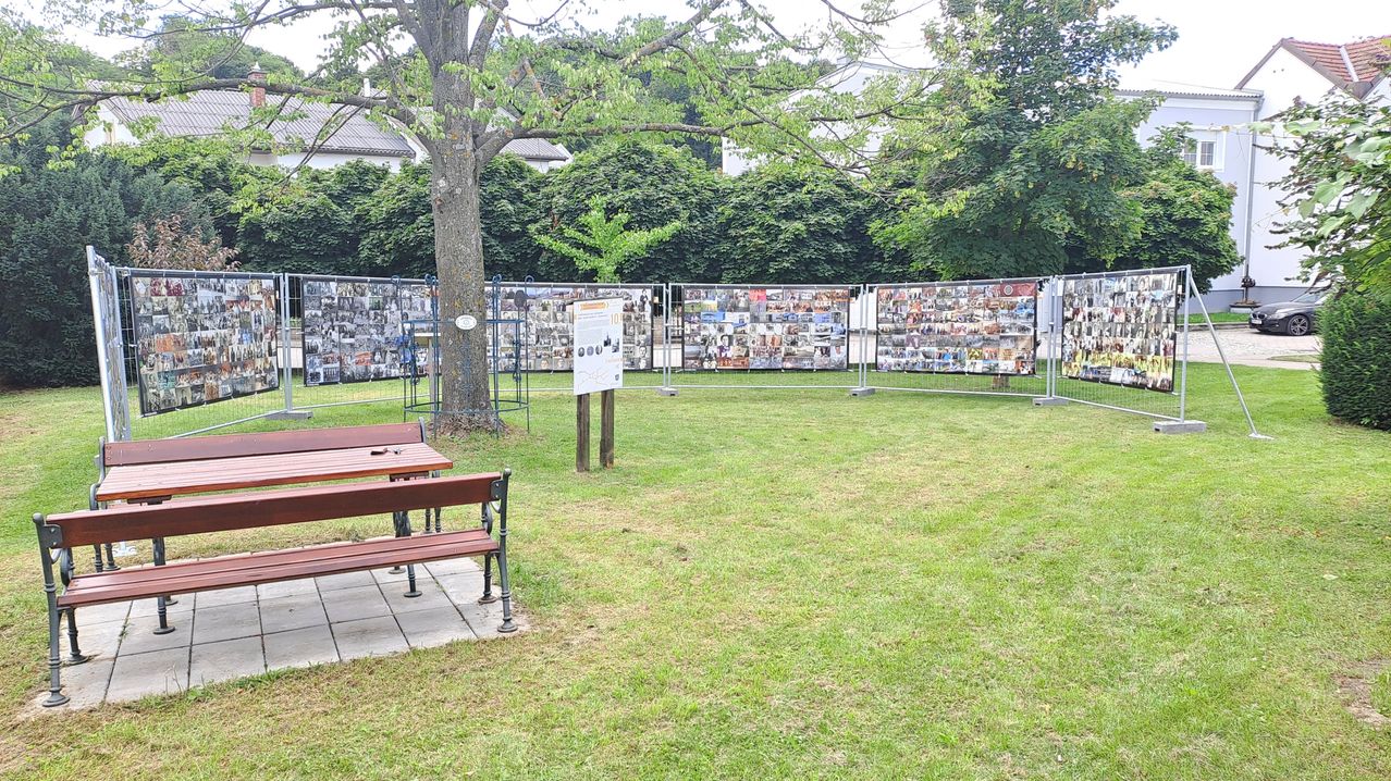Ein Rasenbereich mit Bänken und einem Baum, umgeben von Tafeln mit Bildern und Text. Im Hintergrund steht ein Haus und Bäume.