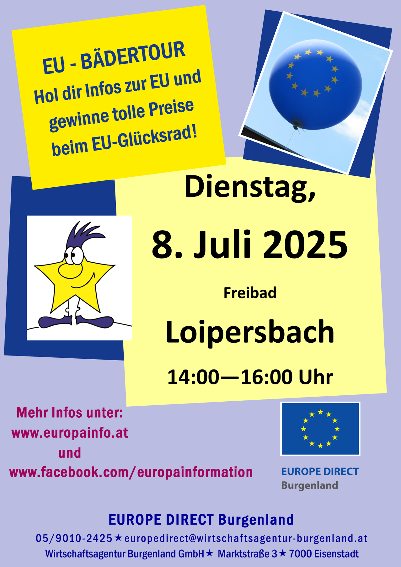 Plakat für eine Veranstaltung am 8. Juli 2025 in Loipersdorf. Das Plakat zeigt einen blauen EU-Flaggenballon, eine EU-Flagge und eine Cartoon-Figur. Der Text ist in Deutsch.