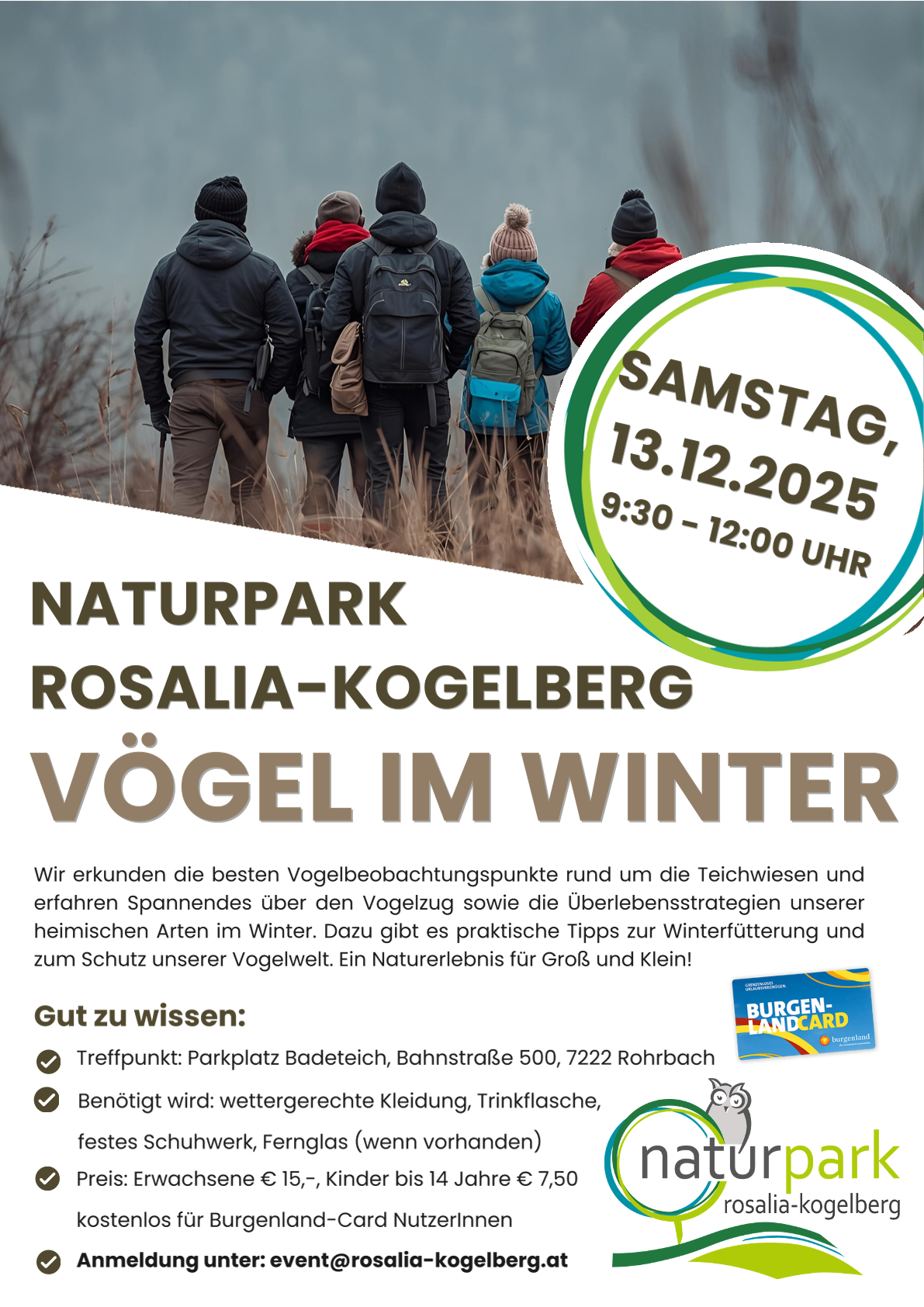 Ein Plakat für das Rosalia-Kogelberg Naturpark-Event am 13. Dezember 2025. Eine Gruppe von Menschen wandert im Park und entdeckt Vogelbeobachtungspunkte. Der Text lautet: Vögel im Winter. Treffpunkt am Parkplatz Badeteich, Bahnstraße 500. Benötigt wird wettergerechte Kleidung und Trinkflaschen.