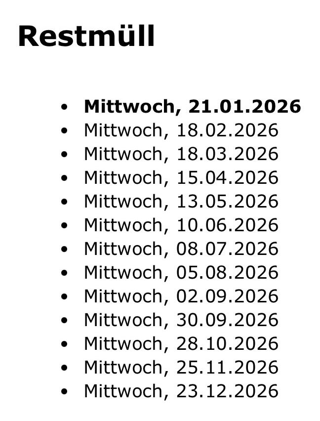 Eine Liste der Müllabfuhrtermine wird in deutscher Sprache angezeigt. Es ist eine Liste von Mittwochen vom 21. Januar bis 23. Dezember 2026.