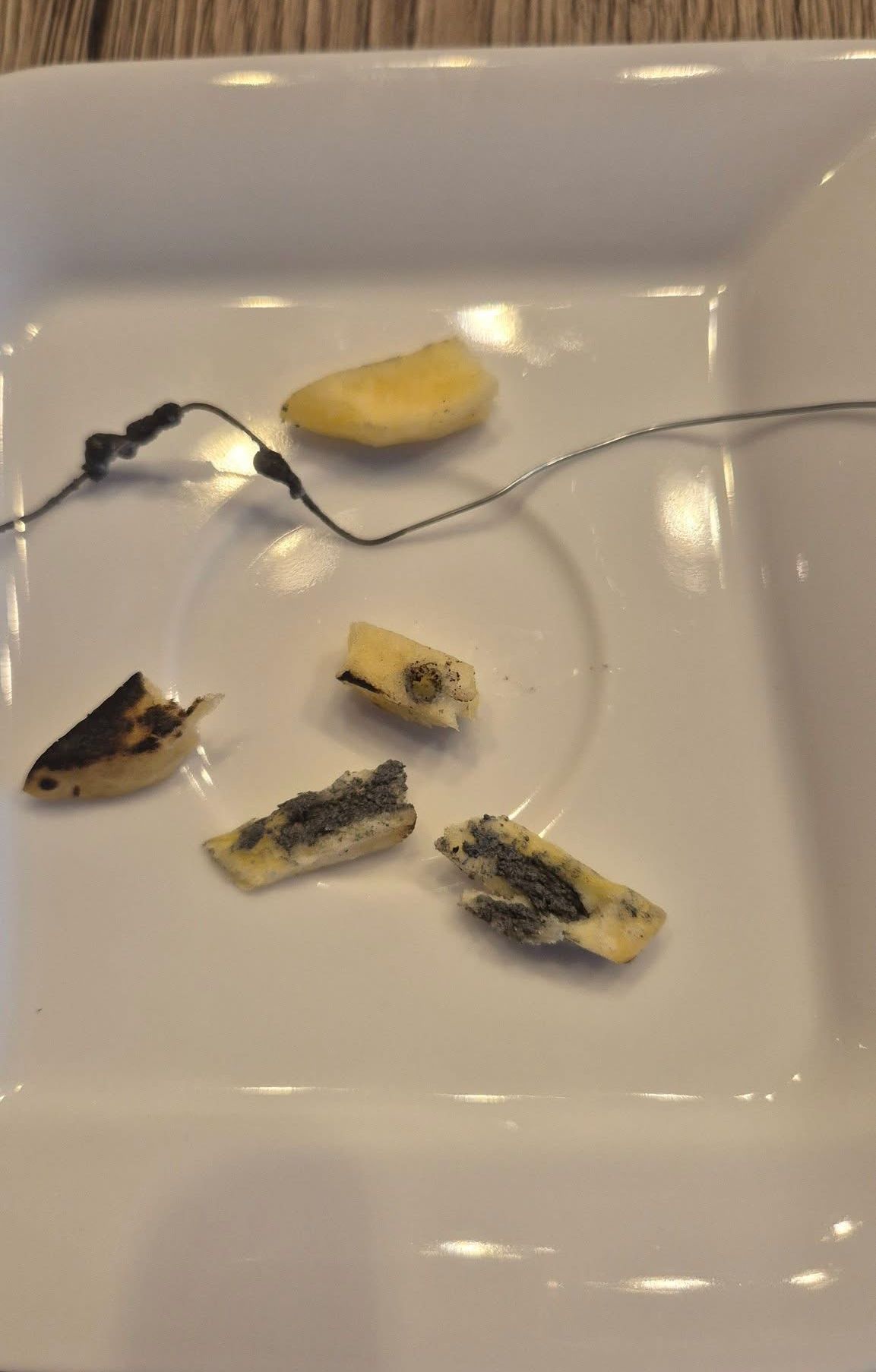 Ein weißer Teller enthält verbrannte und schimmelbefallene Essensstücke mit einem Draht, der einige von ihnen verbindet.