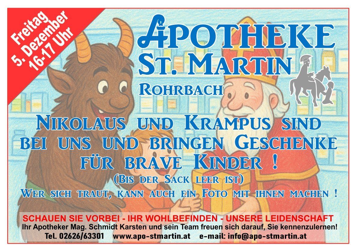Eine Werbung für die Apotheke St. Martin in Rohrbach. Zeigt Illustrationen von Weihnachtsmann und Krampus, die Geschenke bringen. Enthält Kontaktdaten.