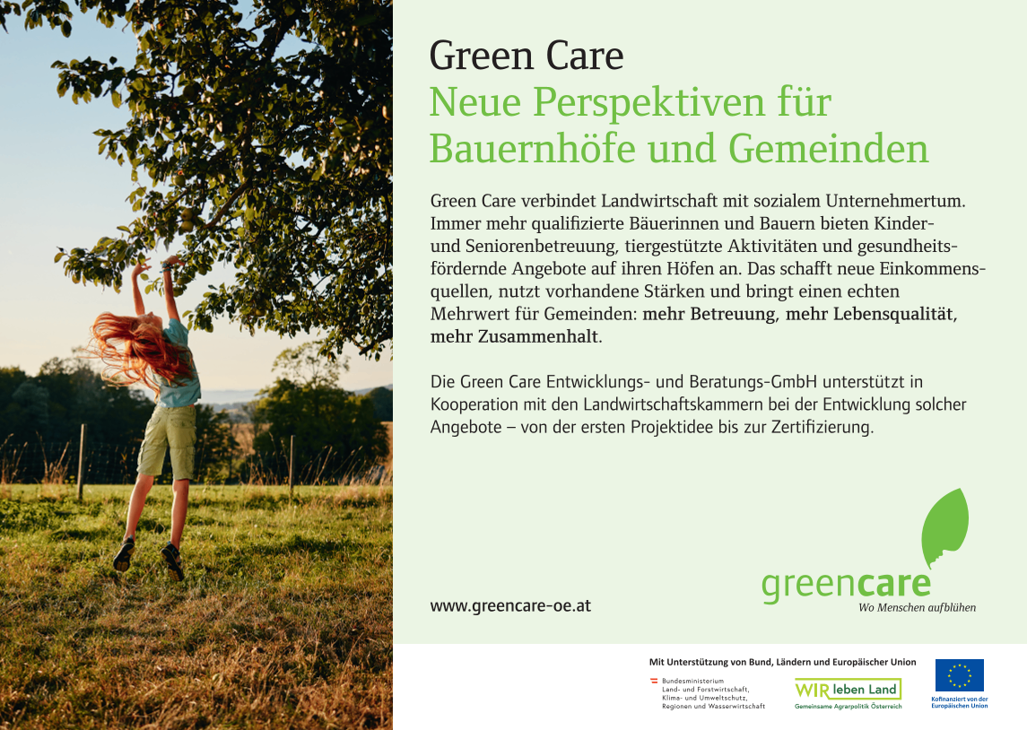 Image showcases Green Care, highlighting new perspectives for farms and communities, with an emphasis on connecting agriculture with social undertakings. It features a woman in a field.