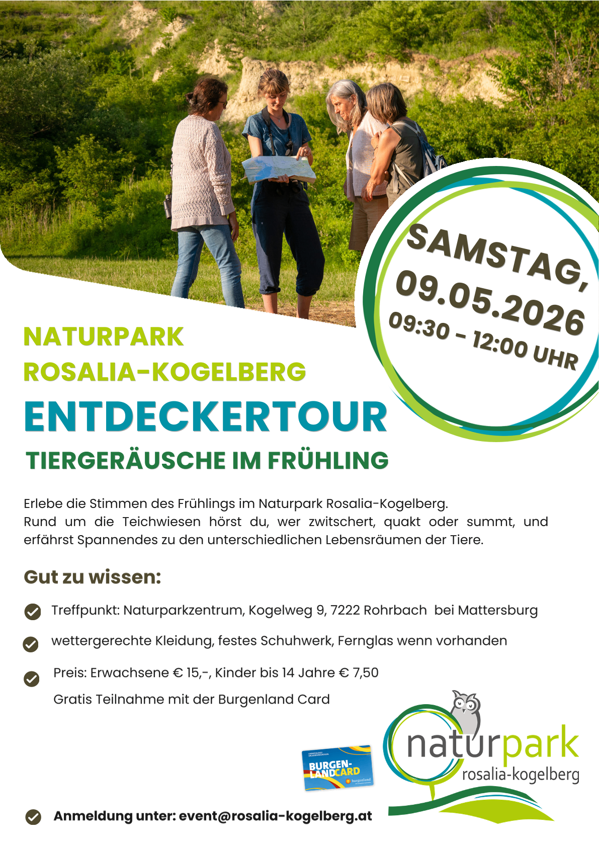 Erleben Sie die Tiergeräusche im Frühling im Naturpark Rosalia-Kogelberg. Treffpunkt: Naturparkzentrum, Kogelweg 9, 7222 Rohrbach. Erwachsene €15, Kinder €7,50. Gratis mit der Burgenland Card.