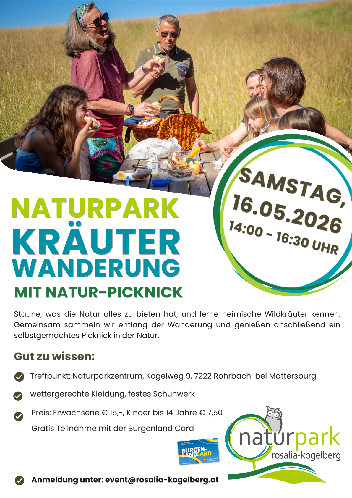 Plakat für eine Kräuterwanderung mit Natur-Picknick im Naturpark. Datum: Samstag, 16. Mai 2026, von 14:00 bis 16:30 Uhr. Treffpunkt: Naturparkzentrum, Kogelweg 9, 7222 Rohrbach bei Mattersburg. Wetterfeste Kleidung, festes Schuhwerk erforderlich. Preis: Erwachsene € 15,-, Kinder bis 14 Jahre € 7,50.