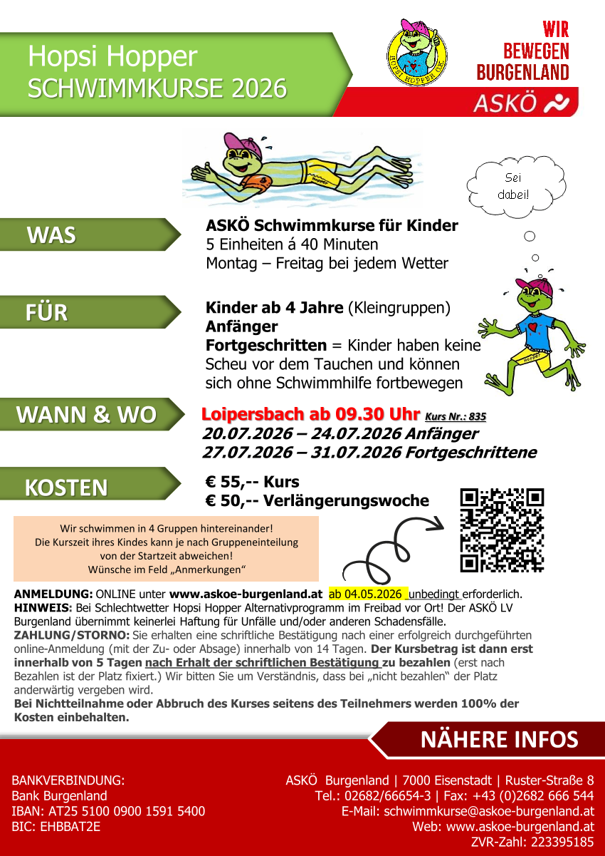 Flyer für ASKO Schwimmkurs für Kinder. Details umfassen: Kurseinheiten, Termine, Zeiten, Kosten und Anmeldeinfos. Der Kurs ist für Kinder über 4 Jahre, mit Anfänger- und Fortgeschrittenenkursen. Online-Anmeldung bis 4. Mai. Bei schlechtem Wetter gibt es ein alternatives Programm.