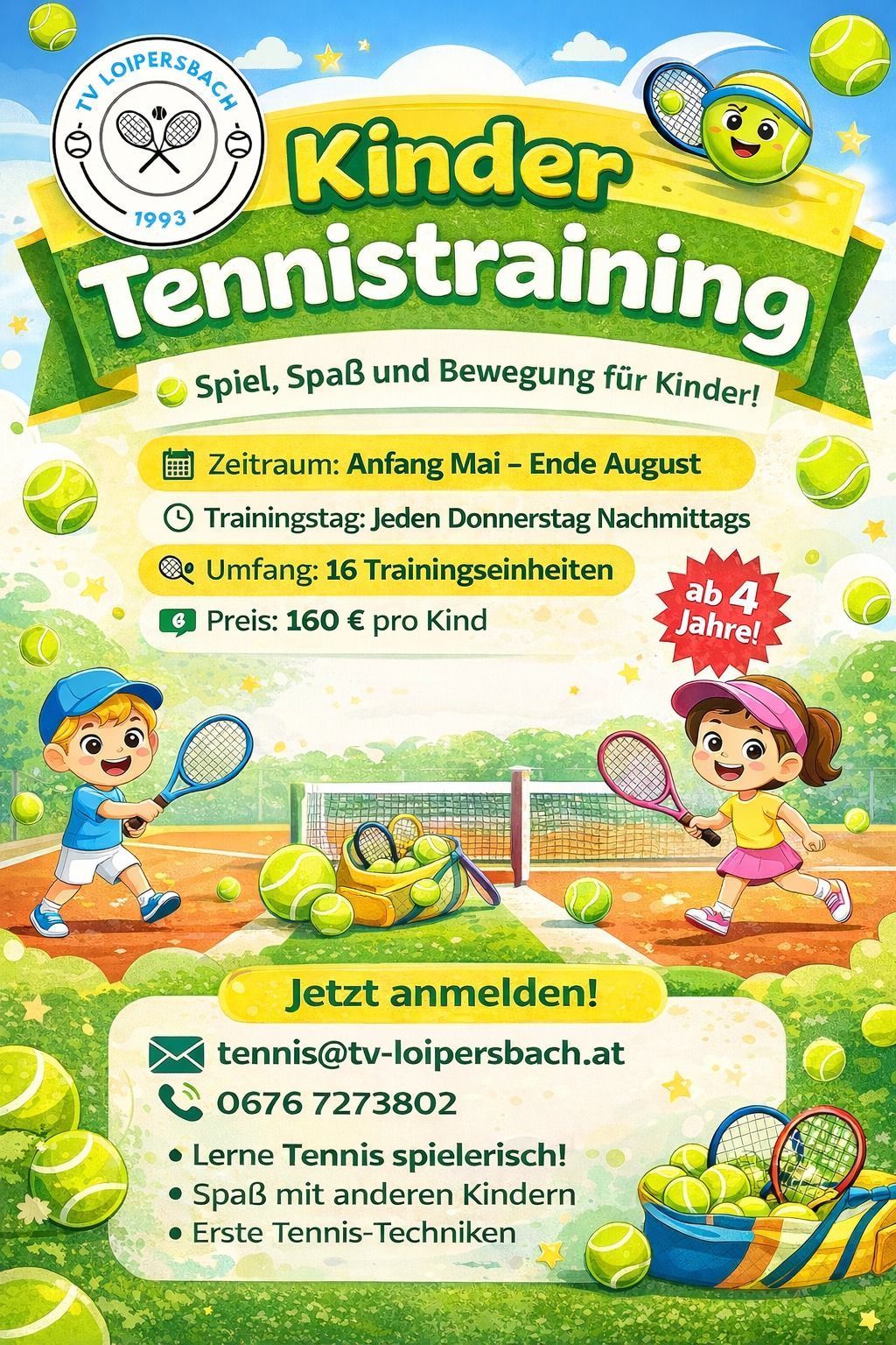 Tennistraining-Werbeplakat für Kinder mit einem Jungen und einem Mädchen, die Tennis spielen. Die Termine sind von Anfang Mai bis Ende August. Das Training findet jeden Donnerstagnachmittag statt. Die Kosten betragen 160 Euro pro Kind. Kontakt per E-Mail oder Telefon.