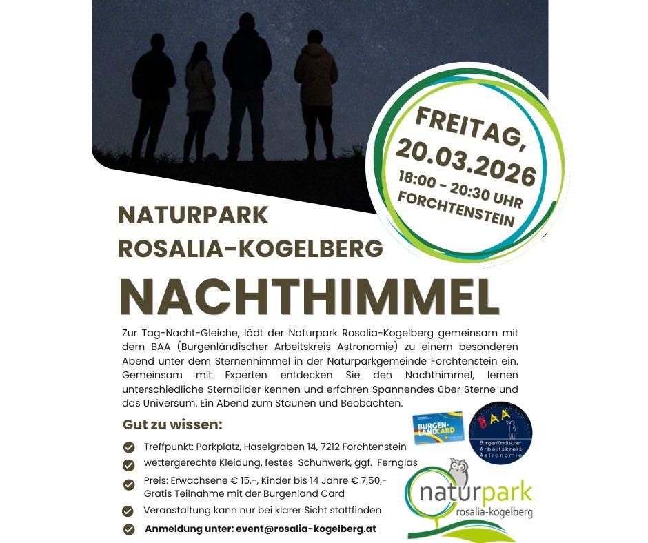 Der Naturpark Rosalia-Kogelberg lädt gemeinsam mit dem BAA zu einem besonderen Abend unter dem Sternenhimmel in Forchtenstein ein. Gemeinsam mit Experten entdecken Sie den Nachthimmel, lernen Sternbilder kennen und erforschen das Universum. Ein Abend zum Staunen und Beobachten.