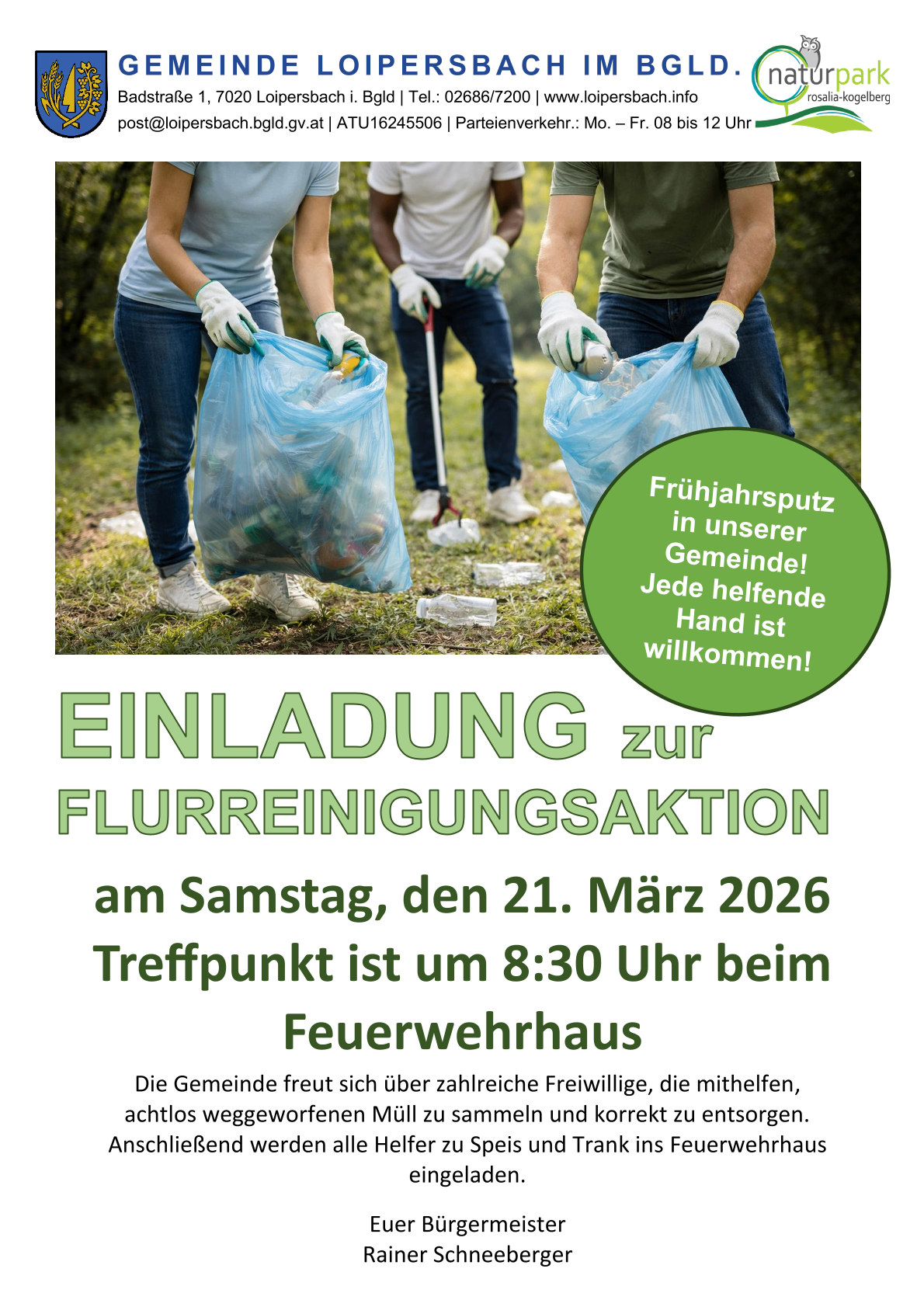 Eine Einladung zur Frühjahrsputzaktion am Samstag, den 21. März 2026. Treffpunkt um 8:30 Uhr beim Feuerwehrhaus. Die Gemeinde freut sich über zahlreiche Freiwillige, die mithelfen, achtlos weggeworfenen Müll zu sammeln und korrekt zu entsorgen.
