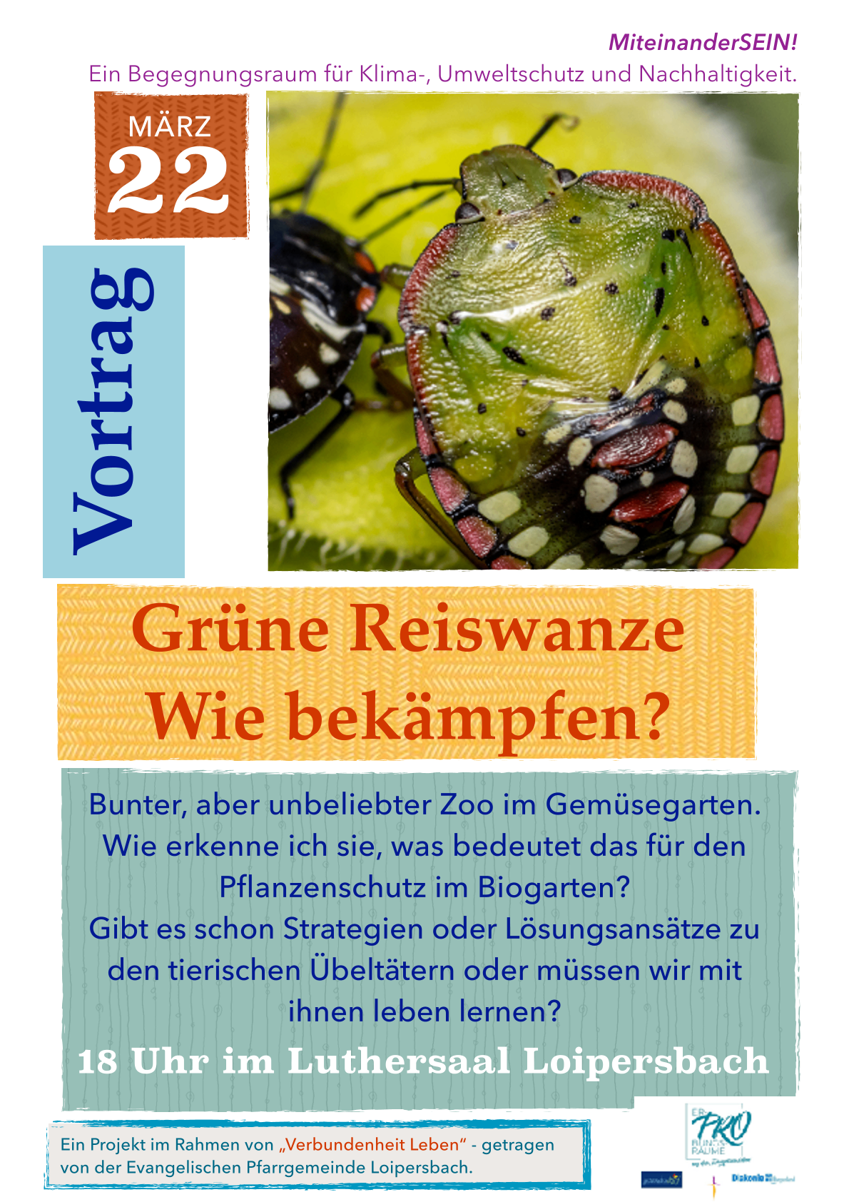 Ein Poster zeigt einen grünen und roten Käfer, wahrscheinlich eine Marienkäfer, auf gelbem Hintergrund. Der Text fragt: 'Wie bekämpfen wir grüne Reiswanzen?'