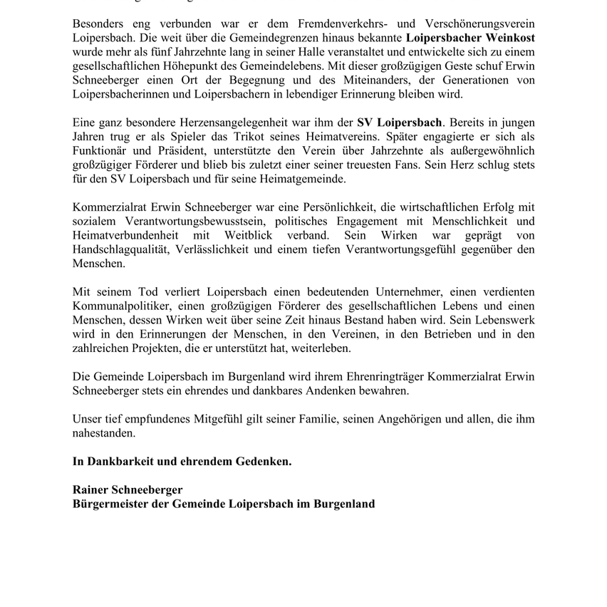 Ein Dokument, das das Leben und die Beiträge von Erwin Schneeberger, einer prominenten Persönlichkeit in der Gemeinde Loipersdorf, beschreibt und seine Rollen im lokalen Sportverein, bei Gemeindeveranstaltungen und seinen bleibenden Einfluss auf die Gemeinschaft hervorhebt.