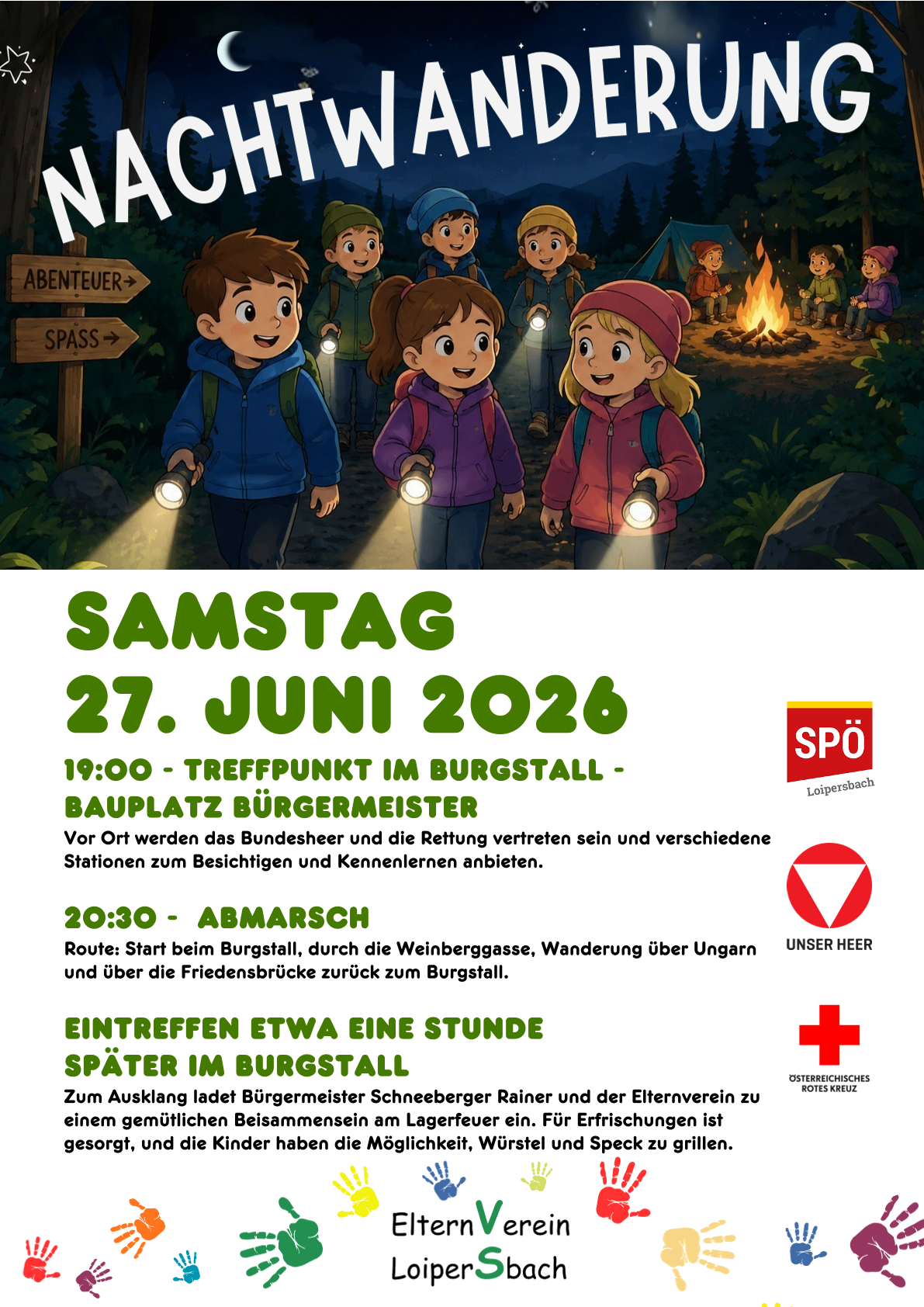 Plakat für ein Kinderlager. Kinder mit Taschenlampen, die einen Waldweg entlang gehen. Das Datum ist der 27. Juni 2026. Der Treffpunkt ist der Marktplatz um 19:00 Uhr. Um 20:30 Uhr findet ein Marsch vom Marktplatz aus statt. Kommt eine Stunde früher an.