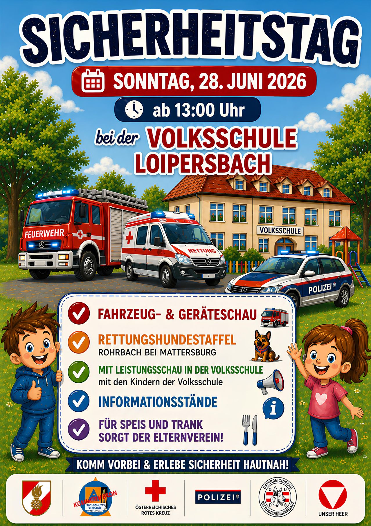 Plakat für die Veranstaltung an der Volksschule Loipersdorf am 28. Juni 2026. Zeigt Feuerwehrauto, Krankenwagen, Polizeiauto und Kinder. Highlights sind Fahrzeugausstellung, Rettungshundestation, Leistungsschau, Informationsstände und Essen für Eltern.