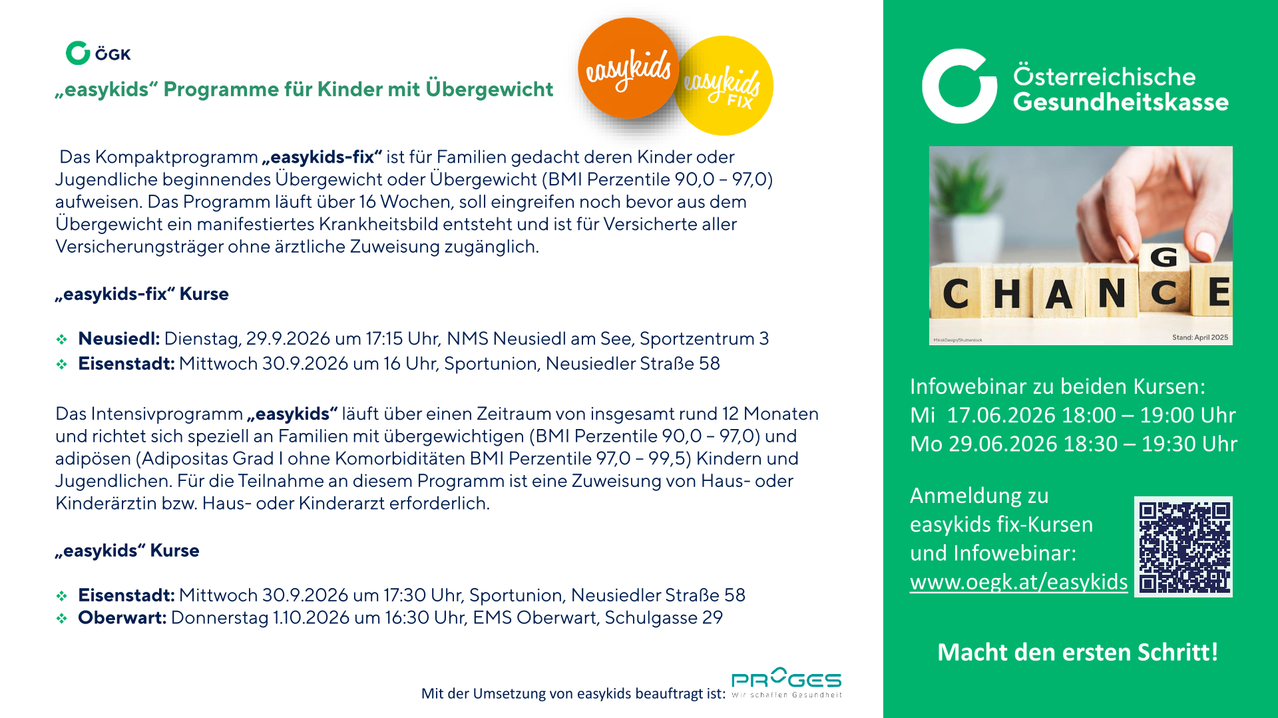 Easykids-fix ist für Familien gedacht, deren Kinder oder Jugendliche über 16 Wochen übergewichtig sind, um ernsthafte Gesundheitsprobleme zu verhindern und ist für alle Versicherten zugänglich. Easykids läuft 12 Monate für Familien mit übergewichtigen Kindern und solchen ohne Komorbiditäten. Eine Überweisung vom Kinderarzt ist erforderlich.