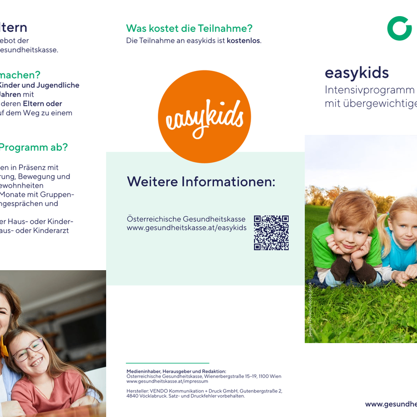 Das Bild zeigt Informationen über ein Intensivprogramm für übergewichtige Kinder und Jugendliche von easykids. Es hebt hervor, dass die Teilnahme für Versicherte der Gesundheitskasse kostenlos ist. Das Programm umfasst körperliche Aktivitäten, Bewegung und Gespräche. Weitere Informationen finden Sie unter www.gesundheitskasse.at/easykids.