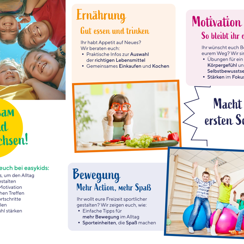 Ein Flyer mit einem Kind in der Mitte zeigt praktische Esstipps. Praktische Informationen zur Lebensmittelauswahl. Gemeinsames Einkaufen und Kochen. Übungen zur Stärkung der Motivation.