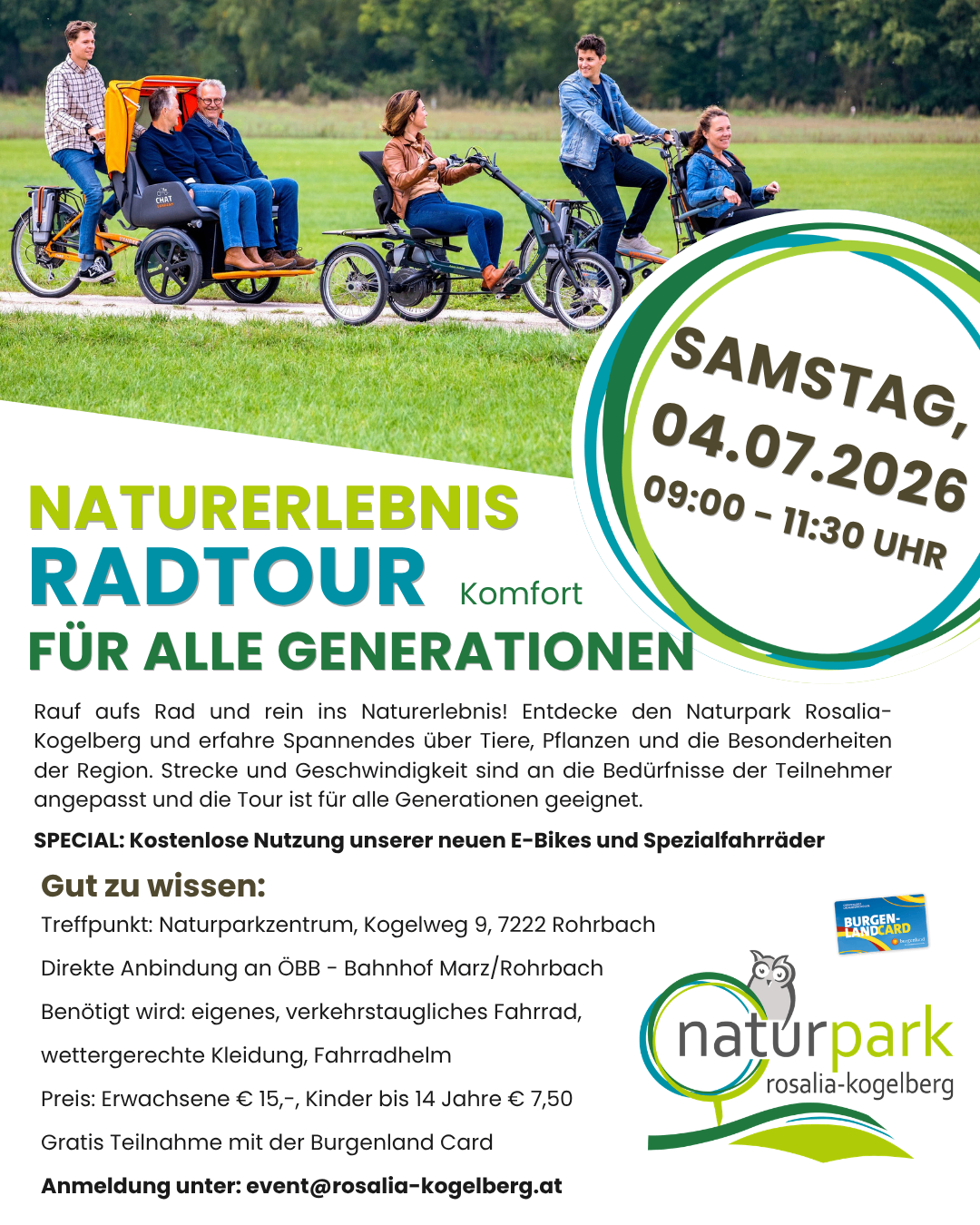 Rauf aufs Rad und rein ins Naturerlebnis! Entdecke den Naturpark Rosalia-Kogelberg und erfahre Spannendes über Tiere, Pflanzen und die Besonderheiten der Region. Streck und Geschwindigkeit sind an die Bedürfnisse der Teilnehmer angepasst und die Tour ist für alle Generationen geeignet.