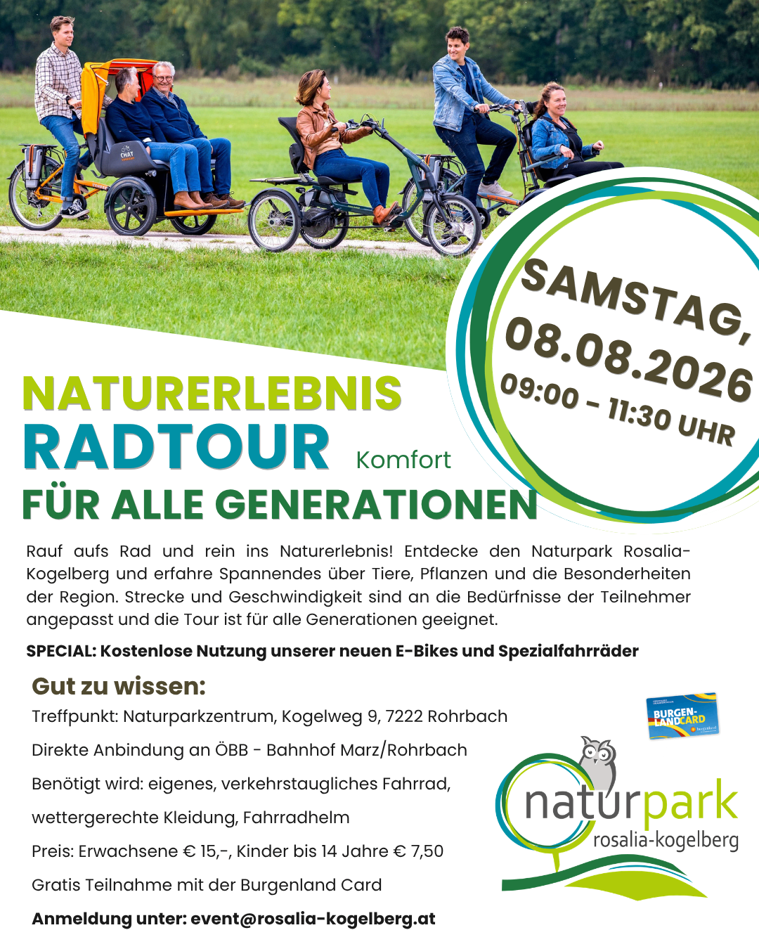 Naturerlebnis-Radtour für alle Generationen. Entdecken Sie den Naturpark Rosalia-Kogelberg. Spannende Einblicke in Tiere, Pflanzen und die Besonderheiten der Region. Special: Kostenlose Nutzung unserer neuen E-Bikes und Spezialfahrräder.