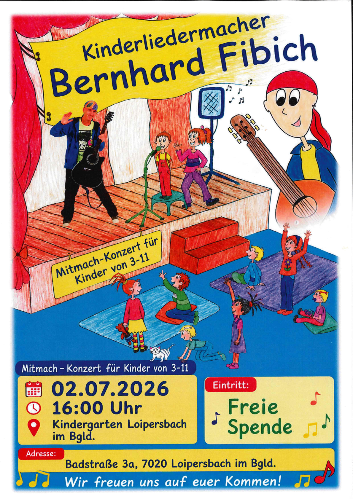 Ein Poster für ein Kinderkonzert mit einem Mann, der Gitarre spielt und Kindern, die tanzen. Die Veranstaltung ist für Kinder im Alter von 3-11 Jahren und ist kostenlos. Datum: 2. Juli 2026, Zeit: 16:00 Uhr.