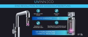 UVinneo präsentiert eine Evolution in der Wasseraufbereitung. Es spart bis zu 50% Wasser, reduziert Chlor und verwendet einen Mikrogenerator. Es tötet 99,9% der Bakterien ab, beseitigt Kalk und sterilisiert mit UV und kinetischem Reaktor.