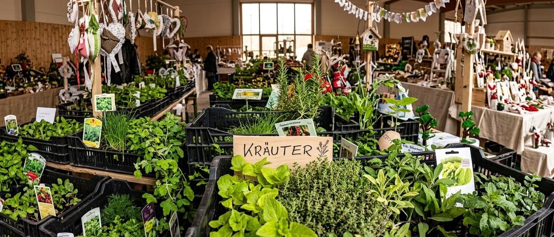 Ein gut organisierter Innengarten mit verschiedenen Kräutern und Pflanzen in schwarzen Kisten, beschriftet mit einem Holzschild, das 'KRÄUTER' liest. Im Hintergrund stöbern Menschen zwischen den Pflanzen.