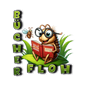 Eine Illustration eines Insekts mit Brille, das ein Buch auf einem Blatt liest, mit den Worten 'BUG HER FLOG' in Grün über dem Insekt geschrieben.