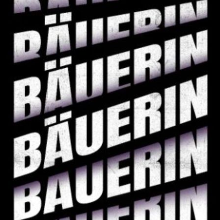 Ein grafisches Bild zeigt das Wort 'BAUERIN' in einer stilisierten, mehrschichtigen Darstellung, mit mehreren Wiederholungen, die vertikal auf einem schwarzen Hintergrund gestapelt sind.