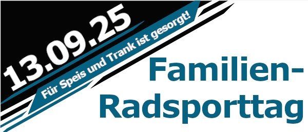Plakat für einen Familien-Radsporttag. Kostenloses MTB-Shuttle, gemeinsame Familienfahrten, gemütliche Radtouren, Gratis-Hüpfburgen, geöffnet von 9 bis 17 Uhr.