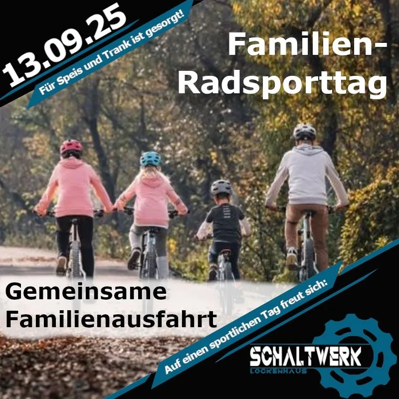 Plakat für eine Familien-Fahrradtour am 13. September. Vier Personen fahren in einem Wald mit Herbstlaub auf Fahrrädern. Es heißt 'Familien-Radsporttag' und ermutigt zu einem spaßigen, sportlichen Tag.