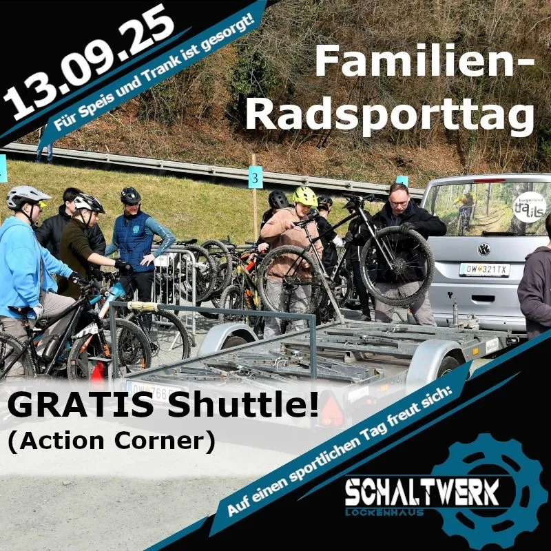 Eine Werbung für einen kostenlosen Familien-Radsporttag. Ein Mann lädt Fahrräder von einem Anhänger. Das Datum ist 13.09.25.