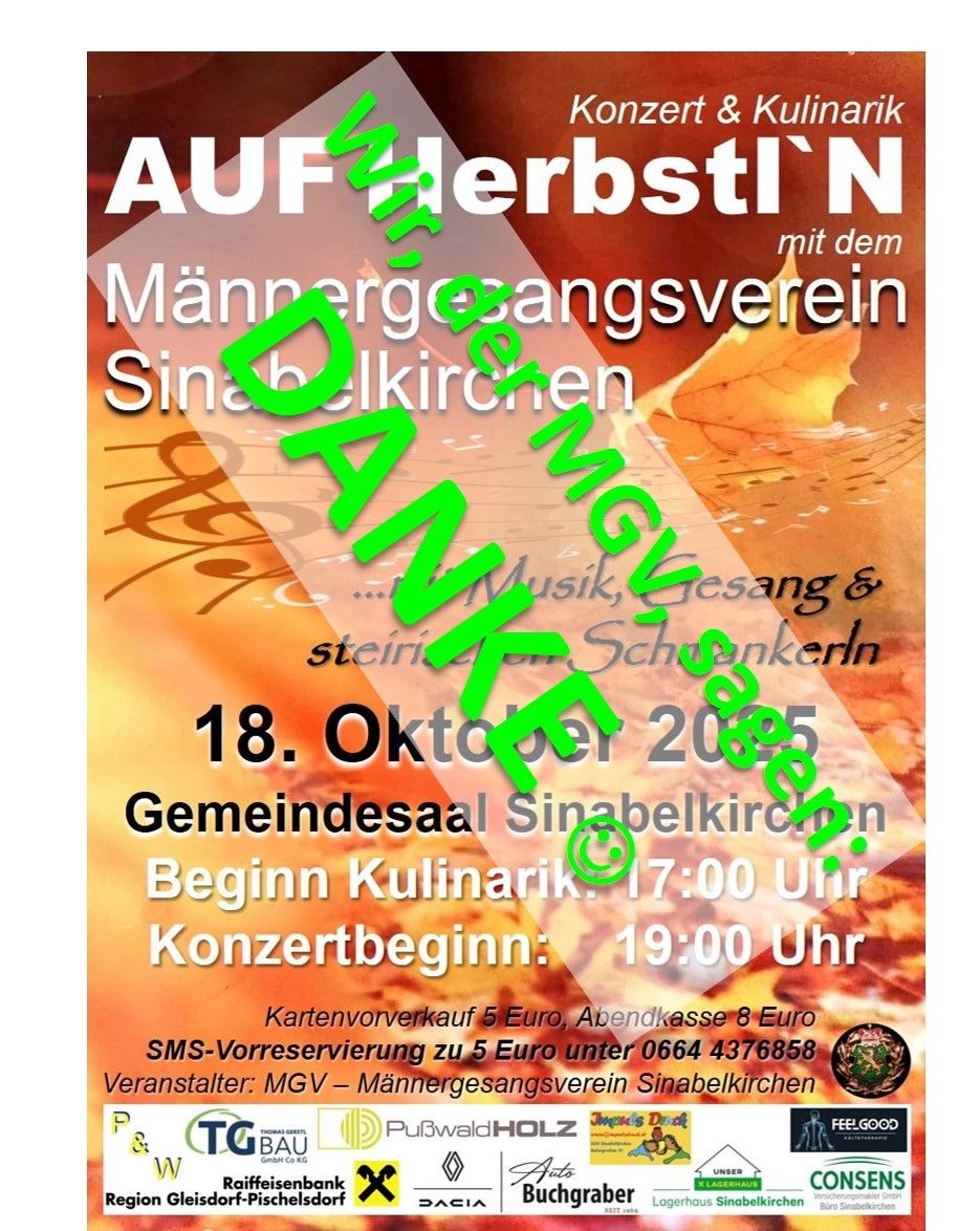 Plakat für die Herbsti'N Veranstaltung am 18. Oktober 2023 im Gemeindesaal Sinabelkirchen. Das Event beginnt um 17:00 Uhr mit Essen und das Konzert startet um 19:00 Uhr. Ticketpreise sind 5 Euro im Vorverkauf und 8 Euro an der Abendkasse.