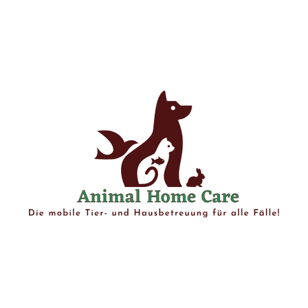 Logo fur Animal Home Care mit einem Hund und einer Katze mit einem Kaninchen darunter. Der Text lautet 'Die mobile Tier- und Hausbetreuung fur alle Falle!' in Deutsch.