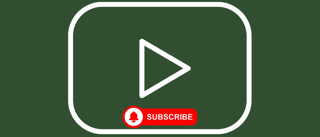 Ein grüner Hintergrund mit einem weißen rechteckigen Symbol und einem Play-Button. Unter dem Button befindet sich ein roter Kreis mit einem Glockensymbol und dem Wort 'Abonnieren'.