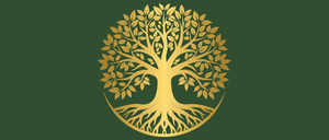 Ein goldenes Baumlogo auf grünem Hintergrund. Der Baum hat Blätter und Wurzeln mit einem goldenen Umriss. Die Wurzeln breiten sich in einer kreisförmigen Form aus.