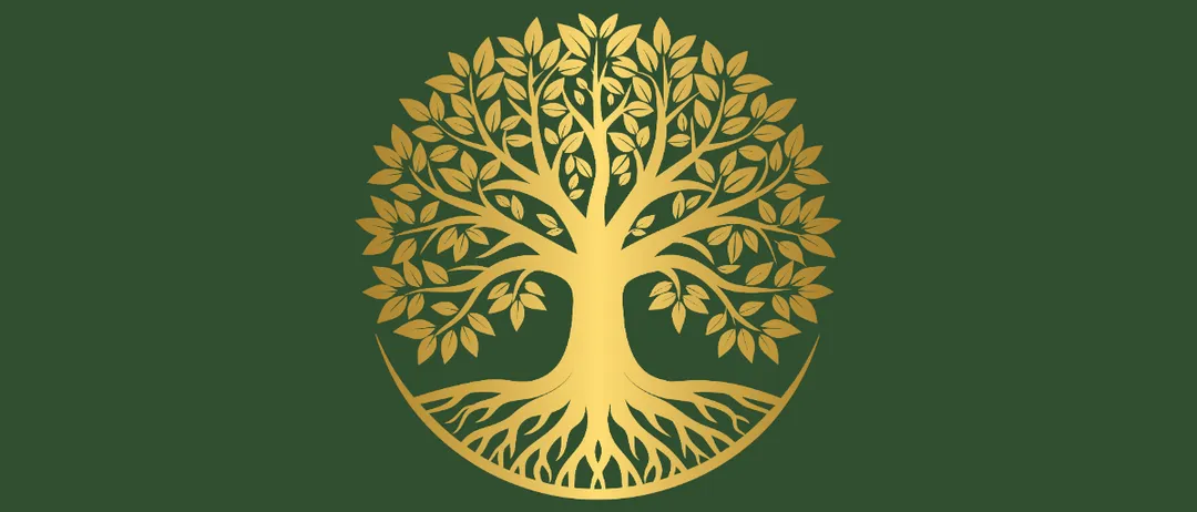 Ein goldenes Baumlogo auf grünem Hintergrund. Der Baum hat Blätter und Wurzeln mit einem goldenen Umriss. Die Wurzeln breiten sich in einer kreisförmigen Form aus.