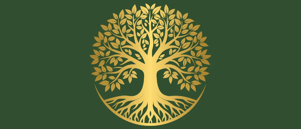Ein goldenes Baumlogo auf grünem Hintergrund. Der Baum hat Blätter und Wurzeln mit einem goldenen Umriss. Die Wurzeln breiten sich in einer kreisförmigen Form aus.