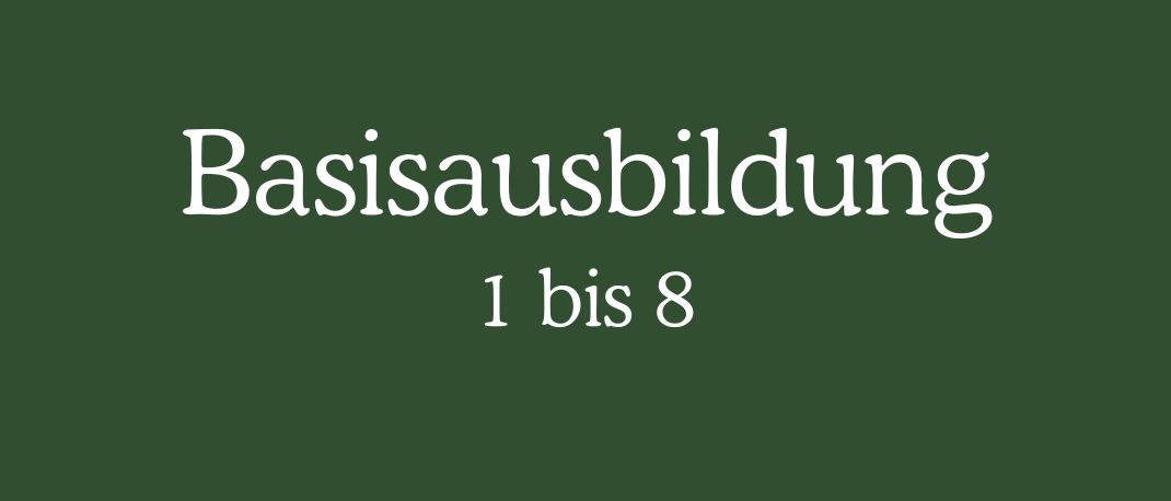 Grüner Hintergrund mit weißem Text, der 'Basisausbildung 1 bis 8' liest. Es scheint ein Titel oder eine Beschriftung zu sein.