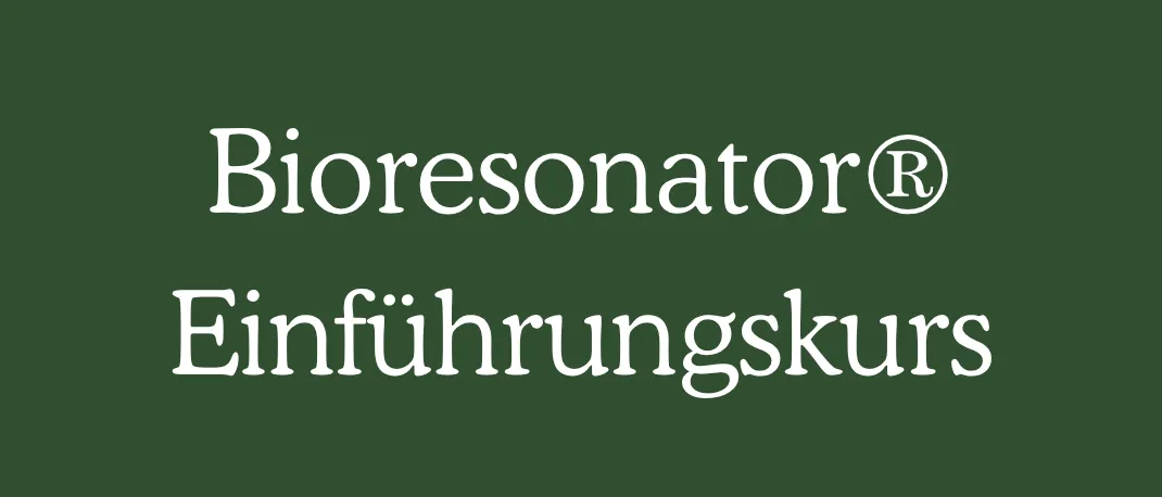 Ein grüner Hintergrund mit weißem Text. Der Text lautet 'Bioresonator' mit einem eingetragenen Symbol. Darunter steht 'Einfuhrungskurs'.