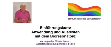 Das Bild ist ein Flyer für einen Workshop über die Anwendung und Kalibrierung des Bioresonators. Der Workshop wird von Walter Janisch und Melanie Frisch geleitet. Der Kursinhalt umfasst das Erkennen des Geräts, das Formulieren von Fragen, die Kontrolle von Formen, die Verträglichkeit mit Chemikalien, das Einrichten von Wohn-, Schlaf- und Arbeitsbereichen und das Training mit Erfahrungsaustausch. Der Workshop ist für den 17. März 2026 angesetzt, beginnt um 18:00 Uhr, dauert etwa 4 Stunden und kostet 80,00 €. Kontaktieren Sie Walter Janisch für weitere Informationen.