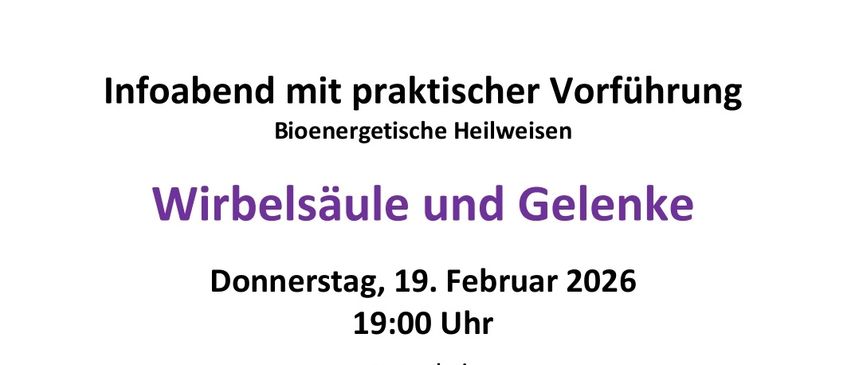 Plakat für eine Veranstaltung mit dem Redner Walter Janisch über bioenergetische Heilmethoden. Veranstaltung am Donnerstag, 19. Februar 2026 um 19:00 Uhr. Details zu Beitrag und Anmeldung sind angegeben.