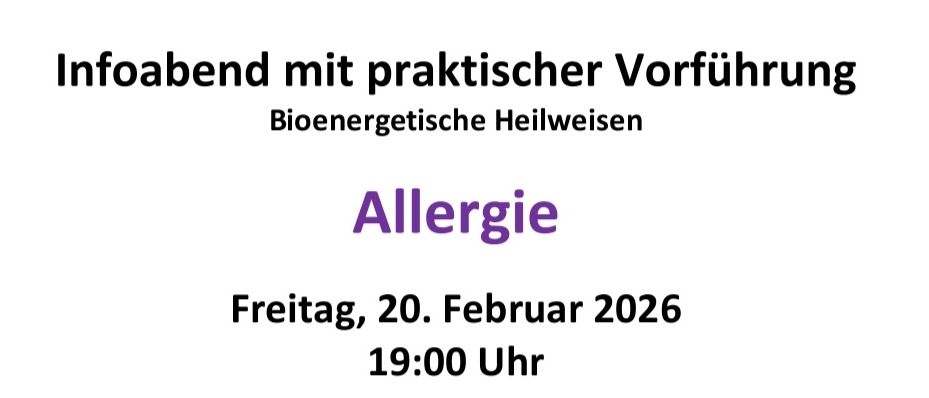 Ein Flyer für eine bioenergetische Heilveranstaltung mit dem Titel 'Infoabend mit praktischer Vorführung' mit Walter Janisch, einem bioenergetischen Heiler und Hypnotiseur. Die Veranstaltung findet am 20. Februar 2026 von 19:00 bis Mitternacht statt. Der Ort ist Freiwillige Feuerwehr, 8951 Stainach Pürgg. Anmeldung und Anfragen bei Traude Brettschuh.