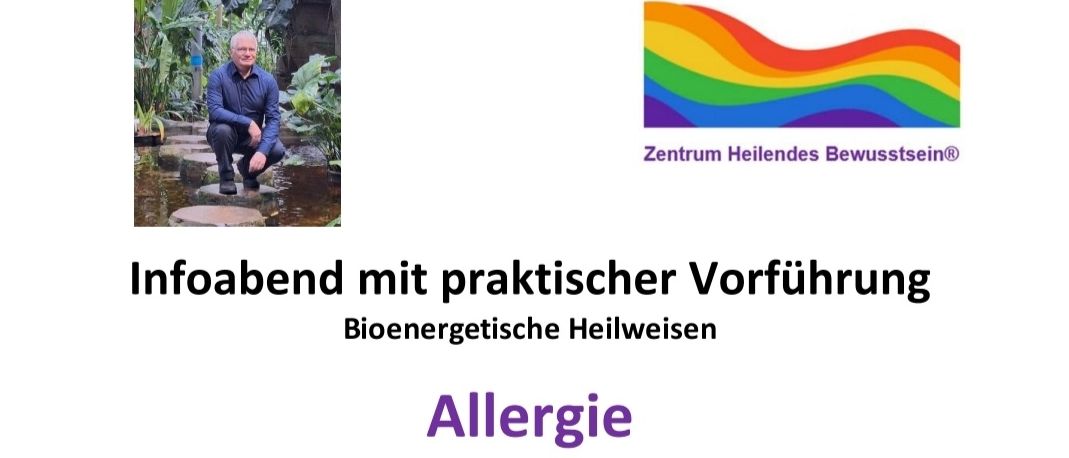 Flyer für Bioenergetisches Heilweisen-Workshop zu Allergien. Datum: 13. April 2026, 19:00 Uhr. Vortragender: Norbert Nuhnen. Ort: Wintergarten der Stiftung, Schonholzer Heide, Berlin. Freiwillige Spende für Teilnahme.